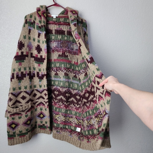 J.JILL Aztec Lenox Hooded 2 pocket knit Cardigan Topper Sweater Jacket M - Picture 6 of 9